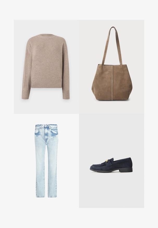 Bežinė megzta šviesiai su apvalia iškirpte, gipiūrinėmis rankovėmis ir apvadu. Minkštas tekstūros siluetas su laisvu kirpimu, tinkantis kasdieniam dėvėjimui.; Šviesiai mėlynos džinsinės kelnės su tiesiu sijonu, penkiomis kišenėmis ir nusidėvėjusia tekstūra. Yra matoma siuvimo linija ir klasikinis mygtuko užsegimas.; Jūriniai zomšiniai loaferiai su žemu juodu kulnu, kuriuose yra dekoratyvi auksinė detalė priekyje ir apvalus pirštas.; Ruda suede medžiagos tote krepšys su dviem ilgais rankenėlėmis, vertikaliomis siūlėmis priekyje ir minkšta tekstūra. Erdvus dizainas, tinkamas kasdieniam naudojimui.