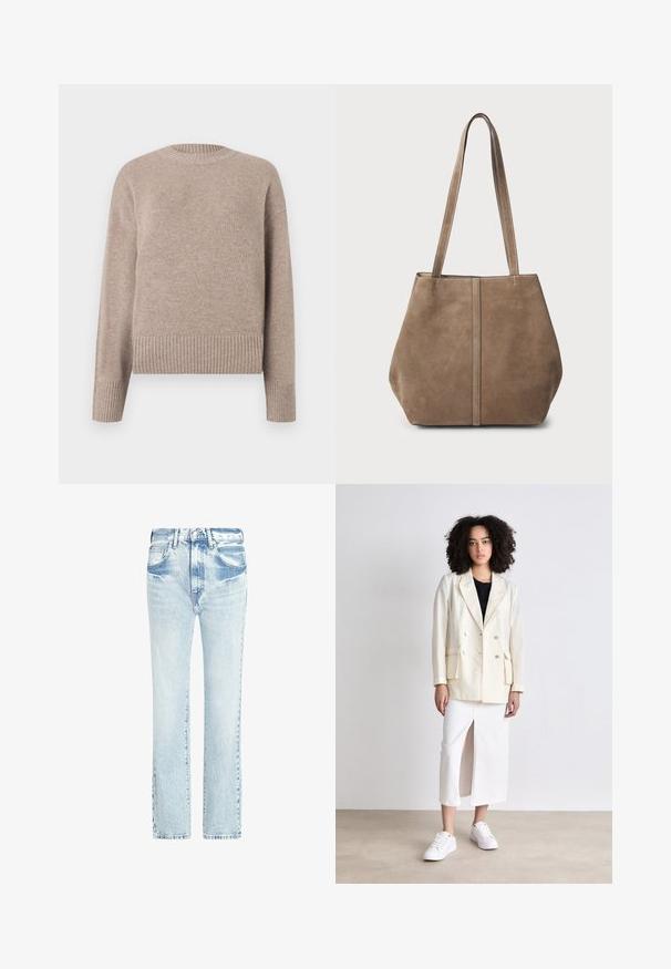 Bež pleteni džemper s okruglim izrezom, rebrastim manžetama i rubom. Mekana tekstura i opušteni kroj, pogodno za ležernu odjeću.; Svijetloplave traperice s ravnim nogavicama, pet džepova i izblijedjelom teksturom. Imaju vidljive šavove i klasično kopčanje na gumbar.; Kremasti dvostruki blejzer s dva prednja dzepa, nosi se preko crnog topa, uparen s bijelom suknjom s prednjim prorezom i bijelim tenisicama.; Smeđi suede toter s dvije duge drške, vertikalnim šavom sprijeda i mekanom teksturom. Prostran dizajn prikladan za svakodnevnu upotrebu.