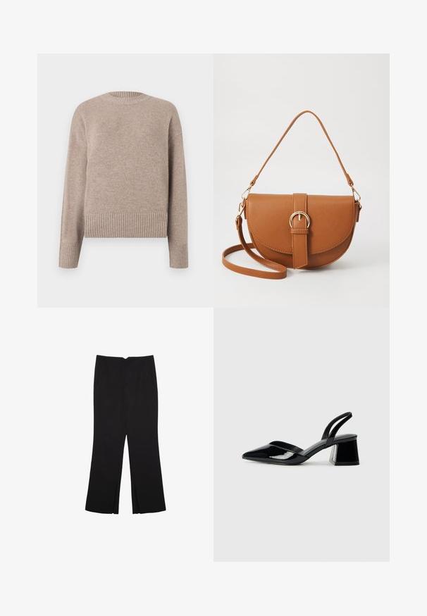 Vaažahohda vaaleanbeige neulepaita, jossa on pyöreä kaula-aukko, ribatut hihat ja helma. Pehmeä rakenne ja rento istuvuus, sopii vapaa-ajan käyttöön.; Mustat housut suoralinjaisella leikkauksella, joissa on etutaskut ja sivurei'ät helman alla. Valmistettu pehmeästä ja sileästä kankaasta. Sopii eri tilaisuuksiin.; Mustat patentoitu nahkakengät, joissa on säären takaosa ja terävä kärki, sekä geometrinen palikkakorko. Sisältää tyylikkään, minimalistisen muotoilun ja sileän pinnan.; Ruskean nahkainen olkalaukku, jossa on kaareva muoto, kultaiset yksityiskohdat ja solkiyksityiskohta. Varustettu irrotettavalla olkahihnalla.