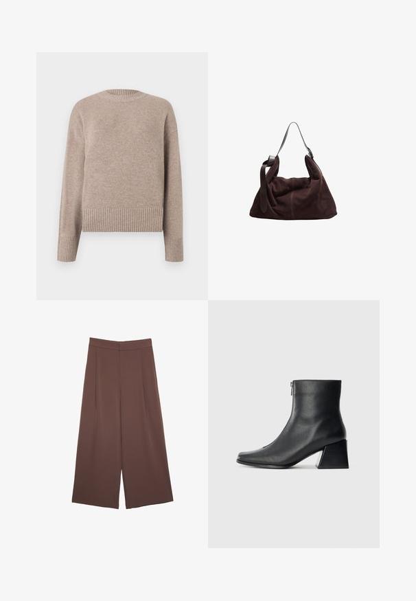 Beiger Strickpullover mit Rundhalsausschnitt, gerippten Bündchen und Saum. Weiche Textur und lockere Passform, geeignet für die Freizeit.; Braune Weite-Leg-Hosen mit einer glatten Textur, hoher Taille und Vorderfalten. Der Stoff ist leicht und fällt locker.; Schwarze Lederstiefelette mit quadrater Zehenform, seitlichem Reißverschluss und Blockabsatz vor einem schlichten hellen Hintergrund.; Dunkelbraune Wildleder-Hobo-Schultertasche mit breitem, verstellbarem Ledertragegurt und weichem, lässigem Körper vor weißem Hintergrund.