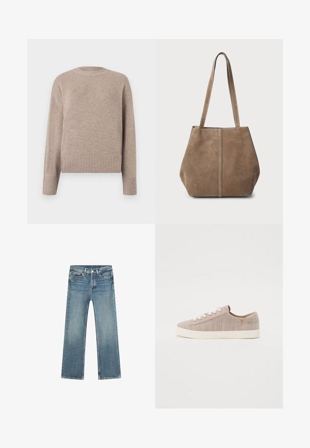 Beige gebreide trui met een ronde hals, geribde manchetten en zoom. Zachte textuur en relaxed fit, geschikt voor casual draag.; Lichtblauwe denim jeans met een rechte snit, vijf zakken ontwerp en contrasterende stiksels. Voorzien van een ritssluiting en metalen knoopsluiting.; Lichtbeige canvas sneaker met een gestructureerd oppervlak, ronde neus, witte oogjes en een crèmekleurige rubberen zool. Minimalistisch ontwerp met subtiele accenten.; Bruine suède schoudertas met twee lange handvatten, verticale naaddetails aan de voorkant en een zachte textuur. Ruimtelijk ontwerp dat geschikt is voor dagelijks gebruik.