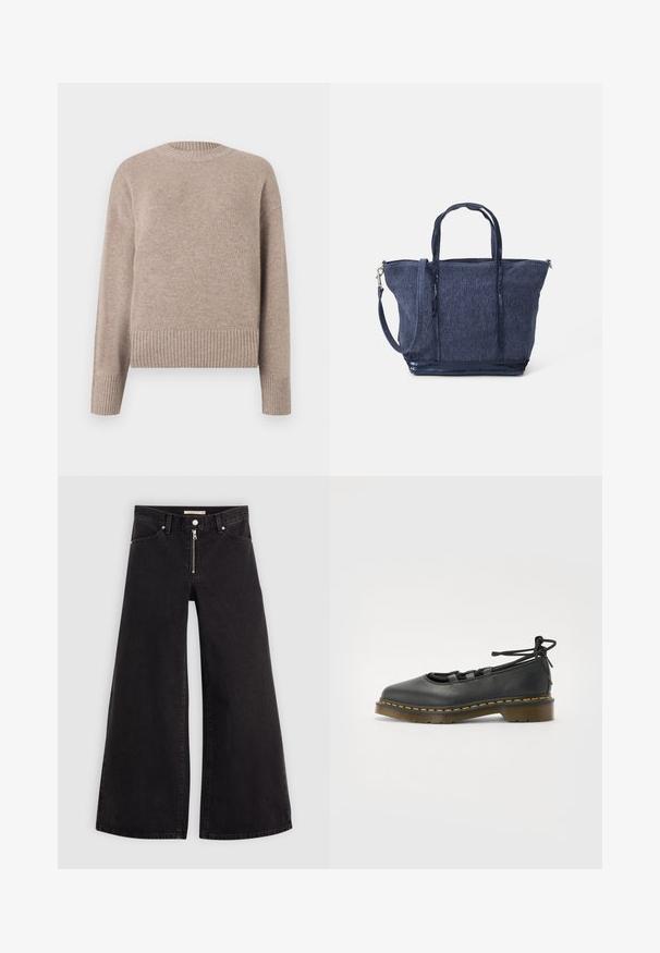 Béžový pletený sveter s okrúhlym výstrihom, rebrovanými manžetami a lemom. Mäkka textúra a voľný strih, vhodný na neformálne nosenie.; Dlhé nohavice vo voľnom strihu z čierneho denimu so zipsom vpredu, päť vrecúškovým dizajnom a jemnými stehovými detailmi. Hladká textúra a neformálny štýl.; Čierna kožená topánka s okrúhlym špičkou, nízkym podpätkom, šnurovaním a žltým prešitím pozdĺž podrážky. Hladká textúra s matným povrchom.; Námornícky denimbový taška s dvomi rúčkami, odnímateľným popruhom, zipsovým uzáverom a textúrovaným povrchom; má štruktúrovaný, priestranný dizajn.