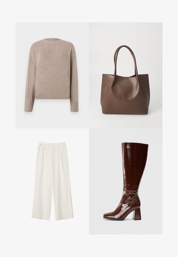 Beige pletený svetr s kulatým výstřihem, manžetami a lemem s žebrováním. Měkká textura a volný střih, vhodný pro každodenní nošení.; Kalhoty širokého střihu v off-white látce s hladkým povrchem. Mají zavázaný pas a na přední straně jsou plisé, navrženy pro pohodlné nošení.; Hnědé lakované kozačky do výšky kotníků se čtveratou špičkou, lesklým povrchem a robustním podpatkem pro větší stabilitu. Bezšvový design bez viditelného kování.; Hnědá kožená taška přes rameno s dvěma dlouhými uchy, strukturovaný tvar, hladký povrch a minimalistický design. Žádné viditelné kování ani akcenty.