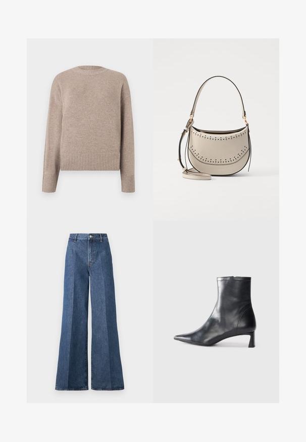 Pulover tricotat bej cu guler rotund, manșete și tiv ribb. Textură moale și croială lejeră, potrivit pentru ținute casual.; Blugi din denim albastru, cu talie înaltă, cu picioare largi, având un stil clasic cu cinci buzunare și închidere cu buton, fabricați dintr-un material de bumbac texturat.; Cizmă de gleznă din piele neagră cu vârf ascuțit și un design elegant. Dispune de un toc mic și de o închidere cu fermoar la spate. Textură netedă.; Vanessa Bruno MINI DAILY BAG - Geantă de mână - ivoire