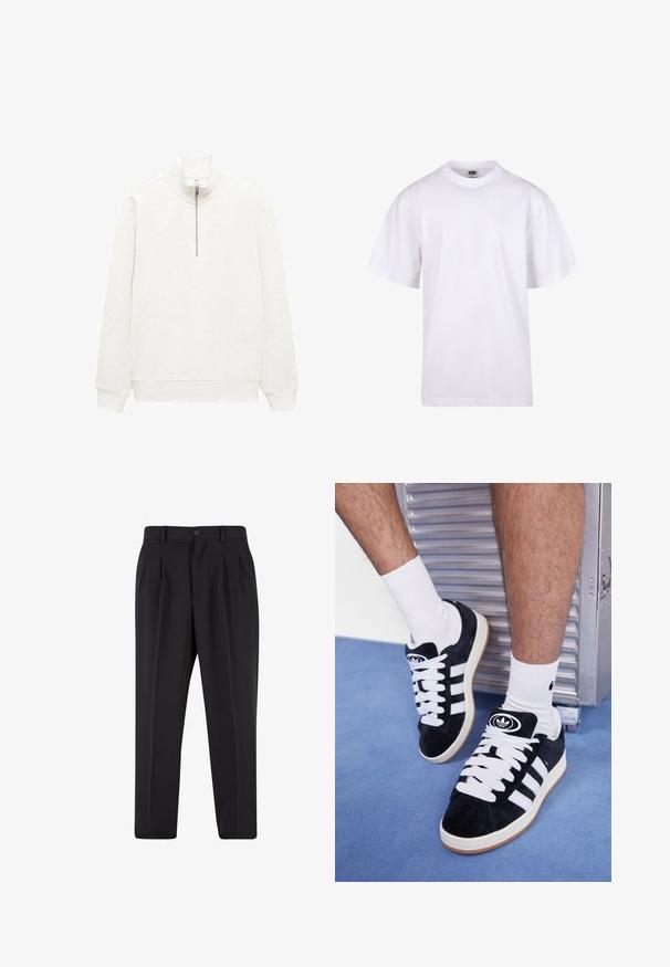 Mango WINNE - Športni pulover - off-white; Bela bombažna majica s krojem na vratu, kratkimi rokavi in ohlapnim fitom. Ima enostaven dizajn brez vzorcev ali dodatkov.; Črne hlače z nabranim sprednjim delom, narejene iz gladkega materiala. Imajo gumbasto zapiranje in zanke za pas; ravne hlačnice.; Črne semiš teniske z belimi vezalkami in tremi belimi črtami. Imajo okroglo črno oznako na jezičku in gumijast podplat.