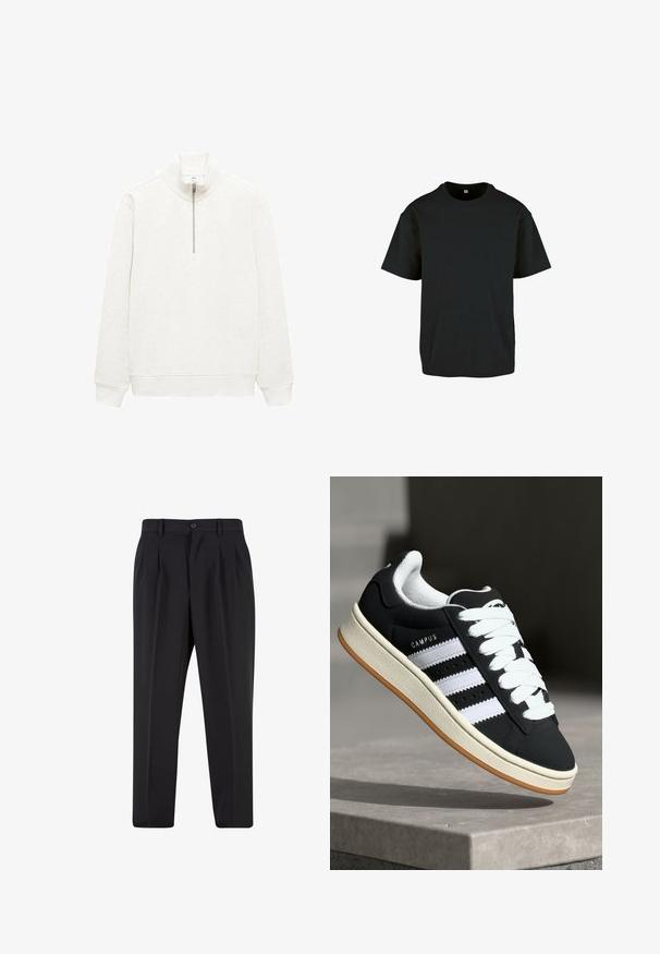 Mango WINNE - Sweatshirt - off-white; Black cotton t-shirt with a crew neckline and short sleeves; features a relaxed fit and a smooth, textured surface.; Black trousers with a pleated front design, made from smooth fabric. Features a button closure and belt loops; straight-leg fit.; adidas Originals CAMPUS 00S - Trainers - core black/footwear white/off-white