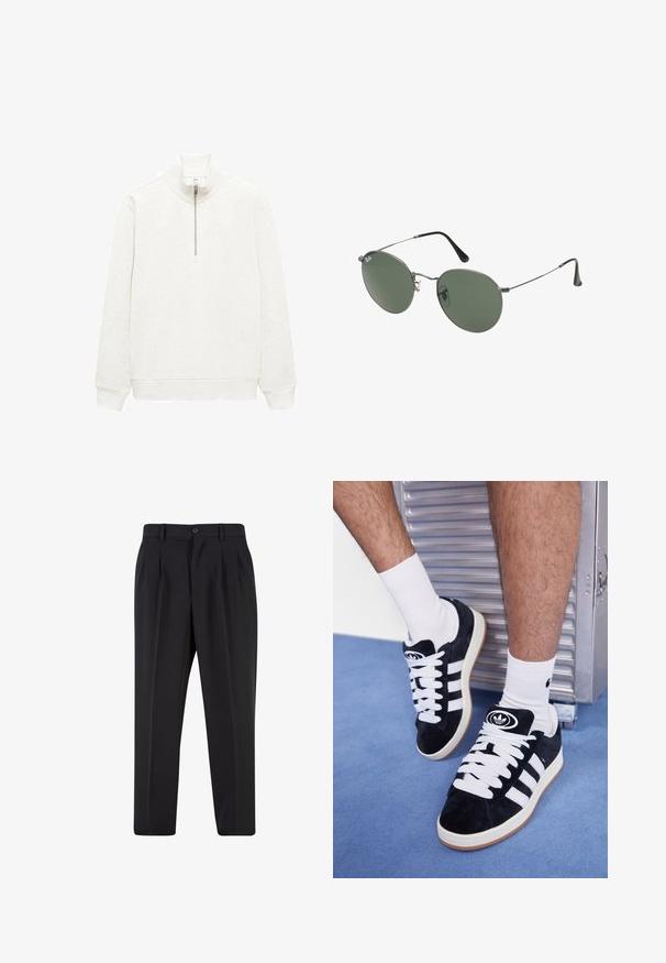 Mango WINNE - Sweatshirt - off-white; Schwarze Hose mit plissiertem Vorderdesign, aus glattem Stoff gefertigt. Mit Knopfverschluss und Gürtelschlaufen; gerade Passform.; Schwarze Wildledersneaker mit weißen Schnürsenkeln und drei weißen Streifen. Verfügt über ein kreisförmiges schwarzes Logo auf der Zunge und eine Gummisohle.; Metallgestellte Sonnenbrille mit ovalen grünen Gläsern. Dünner silberner Metallrahmen und schwarze Ohrstücke. Minimalistisches Design, keine sichtbaren Logos.