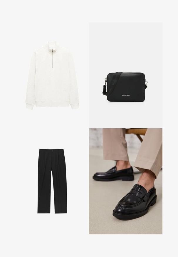 Mango WINNE - Sweater - off-white; Zwarte broeken met een recht model, gemaakt van een gladde stof. Voorzien van een voorplooien en een enkele knoopsluiting bij de taille.; Zwarte leren loafers met een gladde afwerking, voorzien van een decoratieve band en contrasterende stiksels, gecombineerd met beige broeken.; Zwarte rechthoekige schoudertas van gestructureerd materiaal, met een zilveren sluiting en een verstelbare strap met merklogo.