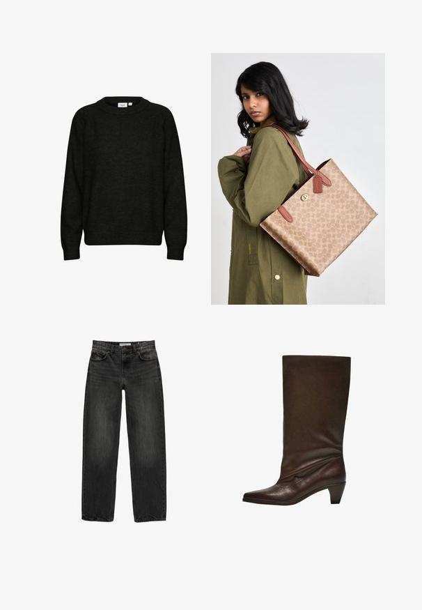Fekete pulóver puha, struktúrált anyagból. Kerek nyakkivágással, hosszú ujjakra és bordázott mandzsettákra és aljára van kialakítva. Egyszerű, klasszikus dizájn.; Fekete farmernadrág laza szabással, egyenes szárakkal, öt zsebes dizájnnal és enyhén elhalványult textúrával. Elöl gombos és cipzáras záródás.; Sötétbarna bőr, középmagas csizma alacsony, tölcsér alakú sarokkal, hegyes orral és enyhén lecsúszott szárával fehér háttér előtt.; Barna mintás válltáska bőrpántokkal és fogantyúkkal. A táska cipzárral záródik, és egy zöld dzsekin van viselve.