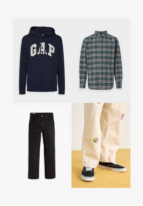 Námornícky modrá bavlnená mikina s kapucňou s veľkým svetlosivým logom "GAP", predná vrecko a šnúrkami na kapucni. Klasický dizajn s rebrovanými manžetami.; Zelená flanelová košeľa s károvaným vzorom, ktorá obsahuje modré, biele a horčicovo žlté pruhy. Zapínanie na gombíky vpredu a špičatý golier. Dlhé rukávy.; Čierne džínsy s rovnými nohavicami, s piatimi vreckami, s rozopínaním na gombík a pútkami na opasok, položené na bielom pozadí.; Béžové bavlnené nohavice s hravými vyšívanými vzormi vrátane ružovej postavy a farebného bloku, skombinované s čiernymi šnurovacími teniskami.