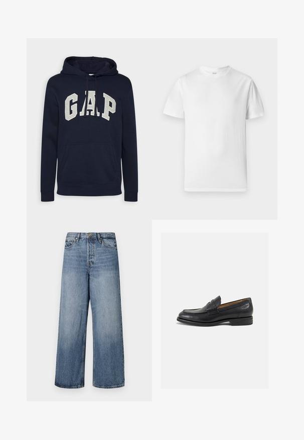 Tamsiai mėlynas medvilninis džemperis su dideliu šviesiai pilku "GAP" logotipu, priekinėmis kišenėmis ir suvarstytuvais ant gobtuvo. Klasikinis dizainas su raukiniais rankogaliuose.; Balta trumpa rankovėmis marškinėliai, pagaminti iš švelnios medvilnės. Turi apvalų iškirpimą ir tiesų apdailą su minimaliu puošu.; Platus blekno džinsai su išblukusiu skalbimu, penkių kišenių dizainu ir mygtukų uždarymu. Įrengti diržo kilpomis ir siuvinėjimu.; Juodi odiniai loafersai su lygiu paviršiumi, apvaliu pirštu ir dekoratyvine siūlė viršuje. Žemas sustiprintas kulnas ir lengvas blizgesys.