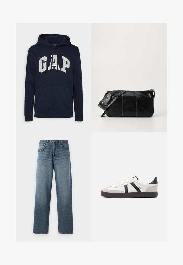 Hanorac din bumbac de culoare bleumarin, având un logo mare "GAP" de culoare gri deschis, buzunar frontal tip pouch și șireturi la glugă. Design clasic cu manșete ribbate.; Jeans din denim albastru cu picioare drepte și umplutură decolorată, având un design cu cinci buzunare, nasture metalic și bucle pentru curea. Material structurat, de greutate medie.; Sneaker alb cu accente negre și gri, având un capac de vârf gri texturat, talpă din cauciuc negru și șireturi plate albe. Design elegant, stil minimalist.; Geantă de umăr din piele neagră cu închidere cu fermoar, având un corp texturat, cusături albe și o curea cu ochiuri argintii.