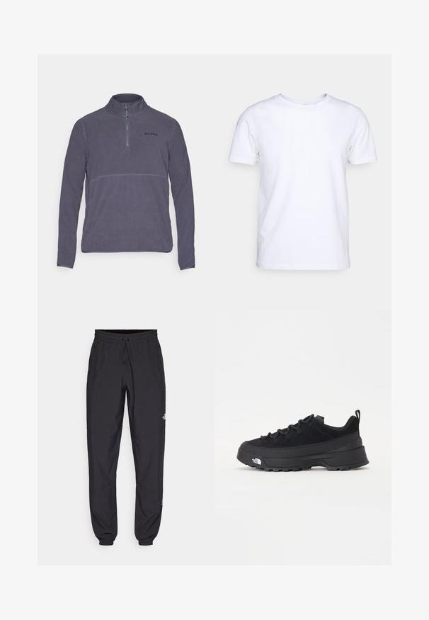 Grijze fleecetrui met een hoge kraag, half-rits aan de voorkant en zwart "BORG" logo. Heeft lange mouwen en een zachte textuur.; Witte katoenen t-shirt met korte mouwen en een ronde hals. Eenvoudig ontwerp zonder patronen of accenten. Glad textuur.; Zwarte sportieve broek gemaakt van lichtgewicht stof, met een trekkoord in de taille, zijzakken en taps toelopende boorden bij de enkels.; Zwarte outdoor sneaker met een suede bovenkant, een gestructureerde rubberen zool en een stevig vetersysteem. Heeft een versterkte hiel en een merklogo aan de zijkant.