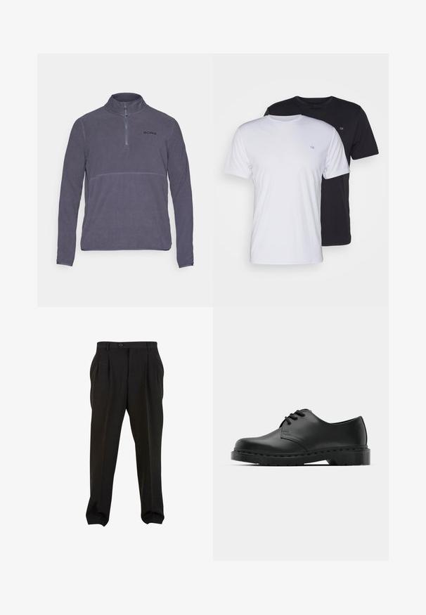 Sivi flis pulover s visokim ovratnikom, prednjim dijelom s polu-zipom i crnim "BORG" logotipom. Ima duge rukave i mekanu teksturu.; Dva pamučna majice, bijela i crna, kratkih rukava s okruglim izrezom, s malim logotipom na prsima, glatke teksture.; Crne hlače od glatke tkanine, s prednjim nabora, pojasom sa gumbom i sužavajucim donjim dijelovima. Klasična krojena silueta.; Crne kožne oxford cipele s vezivanjem, zaobljenim vrhom, ravnim gumenim potplatom i suptilnim detaljima šivanja duž gornjeg dela.