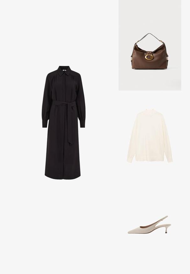 Maglione a collo alto in crema, con maniche lunghe e vestibilità rilassata, dalla texture morbida e design minimalista. Presenta un collo alto e polsini a costine.; Lungo vestito nero con scollatura a colletto, chiusura con bottoni sul davanti, maniche lunghe a sbuffo e cintura da annodare in vita. Realizzato in tessuto liscio.; Tacchi slingback beige con punta affusolata e tacco basso a campana. Realizzati in pelle liscia con un design minimalista e cinturino regolabile.; Borsa a mano in pelle marrone con una finitura testurizzata, dotata di un gancio in metallo dorato e di una singola tracolla curva.