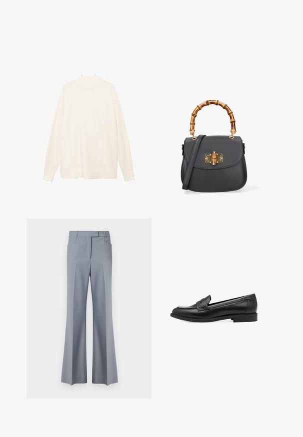 Pull en turtleneck crème, à manches longues, avec une coupe décontractée, une texture douce et un design minimaliste. Il dispose d'un col haut et de poignets côtelés.; Pantalons gris clair évasés avec un design ajusté, dotés d'une taille, de deux poches latérales et de plis repassés le long de l'avant.; Mocassin en cuir noir avec une texture lisse, présentant un accent tressé sur le dessus et un petit talon arrondi. Design et forme simples.; Sac à main en cuir noir de forme arrondie, avec une poignée en bambou, des détails en or et un fermoir à rabat avec un fermoir décoratif.