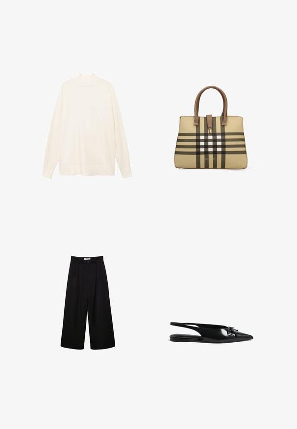Pull en turtleneck crème, à manches longues, avec une coupe décontractée, une texture douce et un design minimaliste. Il dispose d'un col haut et de poignets côtelés.; Pantalons larges noirs à taille haute, avec une devant plissé et une fermeture à bouton. Fabriqués en tissu lisse avec un design ajusté.; Ballerines slingback en cuir verni noir avec bout pointu, détail d'accent circulaire et fines sangles pour un maintien sécurisé. Fini lisse et brillant.; Sac à main beige avec un motif à carreaux marron et blanc. Il possède deux poignées marron et un détail de fermoir doré en haut. Texture lisse.