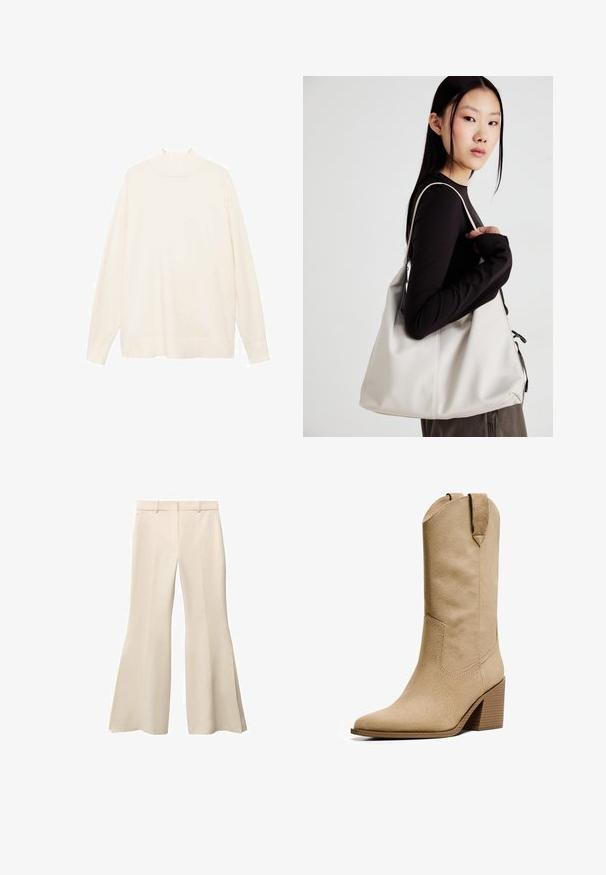 Crème-kleurige, langmouwen turtleneck trui met een losse pasvorm, zachte textuur en minimalistisch ontwerp. Heeft een hoge halslijn en geribbelde manchetten.; Beige flare broeken met een gladde textuur, voorzien van een vlakke voorkant, riemlussen en diepe zijsplitsingen aan de zoom.; Bershka HIGH-HEEL - Cowboy-/Bikerlaarzen - beige; Beige handtas gemaakt van zacht materiaal, met een slonzig ontwerp, gestikte details en twee schouderbanden. Geschikt voor dagelijks gebruik.