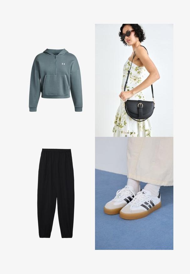 Käteisega tegumood, lühikeste varrukatega teelrohelises värvitoonis, millel on pool tõmblukk ees, eesmine tasku ja valge logo rinnal. Valmistatud pehmest, tekstuuriga kangast.; Mustad, kerge kangas püksid elastse vöökoha ja kokku volditud pahkluudega. Kanga pind on sile ja disain on lõdvestunud, kitsenev.; Valged tossud mustade triipudega ja beeži nahaga aktsentidega. Omavad tekstuuriga kummist talla ja lamedaid valgeid paelu, kantud heledate sokkidega.; Mustmust mustraha kõverate joontega, eemaldatava rihmaga ja kuldsete detailidega. Kotil on klapp, millel on pandladetail.