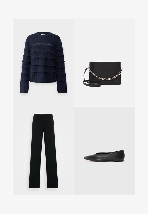 YAS Tall YASTIMU PULLOVER - Pulover - navy blazer; Vero Moda Tall VMBERLIN ZAMIRA WIDE - Pantaloni - black; Balerini din piele neagră, vârf ascuțit, design minimalist, textură netedă, toc de mică înălțime, fără hardware sau embellishments vizibile.; Geantă de umăr din piele neagră, cu o textură netedă, formă rectangulară și un detaliu din lanț metalic în față. Include curea reglabilă.