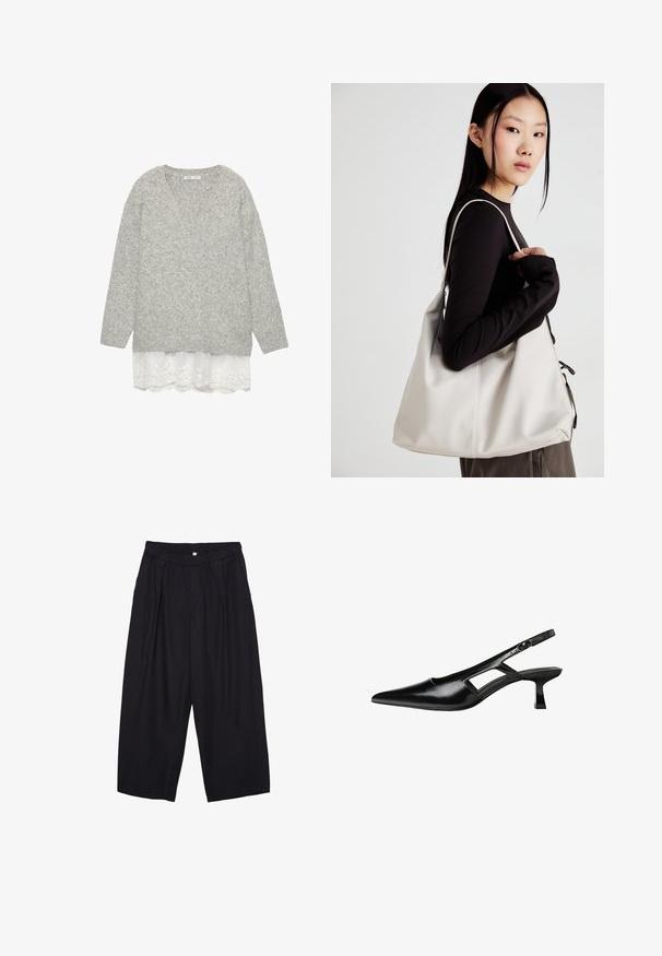 Grijze gebreide trui met lange mouwen en een V-hals, gelaagd over een witte kanten rand. Zachte textuur en een losse pasvorm, wat een gelaagd uiterlijk creëert.; Zwarte polyester culottes met een elastische tailleband, twee voorkreukels en een losse pasvorm. Geen zichtbare patronen of hardware-details.; Zwarte gepatineerde leren slingback hakken met een puntige neus, uitsparing aan de zijkant en een kleine vierkante hak. Gladde textuur met minimale accenten.; Beige handtas gemaakt van zacht materiaal, met een slonzig ontwerp, gestikte details en twee schouderbanden. Geschikt voor dagelijks gebruik.