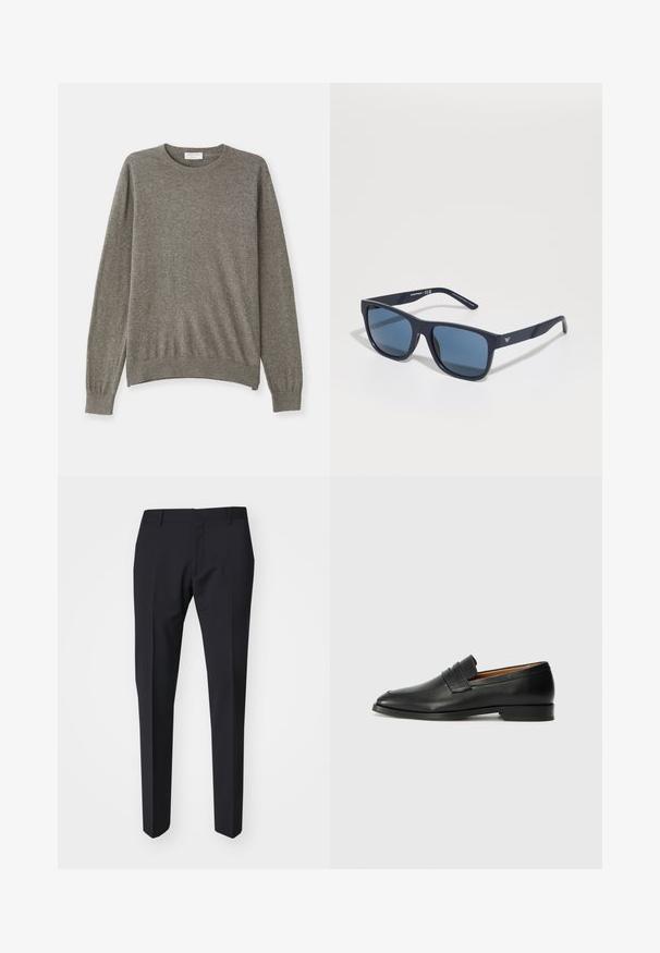 Grå genser laget av et mykt stoff med rund hals, lange ermer, og ribbekanter og hem. Har et enkelt, rent design.; Mørk marineblå bukser med slim fit. Laget av glatt, strukturert stoff, med flat front, beltehemper og sidelommer.; Svart skinnloafer med rund tå, subtilt sydd detaljering og lav hæl, med en glatt tekstur og minimalistisk design.; Blå rektangulære solbriller med mørke linser, matt marineblå ramme, logo-detajler på stengene, rette armer og en solid, glatt tekstur.