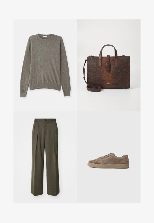 Pull gris en tissu doux avec un col ras du cou, des manches longues et des bords côtes au niveau des poignets et de l'ourlet. Présente un design simple et épuré.; Filippa K WIDE TROUSERS - Pantalon classique - driftwood; Baskets low-top en suede marron avec semelle en caoutchouc plate, fermeture lacée et détails de couture, présentées de côté sur un fond uni.; Sac à main en cuir embossé crocodile marron avec des poignées supérieures et une bandoulière amovible. Présente une fermeture à boucle et une forme rectangulaire.