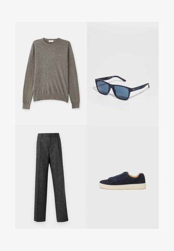 Grå genser laget av et mykt stoff med rund hals, lange ermer, og ribbekanter og hem. Har et enkelt, rent design.; Grå skreddersydde bukser laget av teksturert stoff, med to frontpleater og rette ben. Ingen synlige lommer eller dekorasjoner.; Marineblå semsket lav sneaker med rund tå, off-white gummisåle og matchende snørebånd; har en kontrasterende tan indvendig foring.; Blå rektangulære solbriller med mørke linser, matt marineblå ramme, logo-detajler på stengene, rette armer og en solid, glatt tekstur.