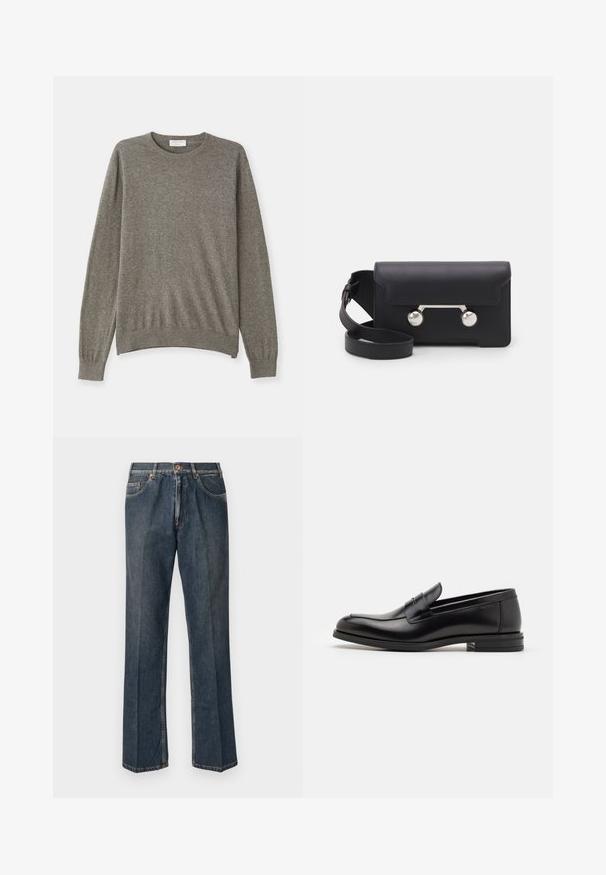 Gray sweater made of a soft fabric with a crew neckline, long sleeves, and ribbed cuffs and hem. Features a simple, clean design.; Dark blue straight-leg denim jeans with front button, zip fly, double front pockets, and visible vertical creases down the legs.; Black leather loafers with a smooth texture, rounded toe, and a decorative strap across the vamp. Low stacked heel, minimalist design.; Black leather crossbody bag with a flap closure, silver-tone hardware, and two round accents. Features a detachable strap. Smooth texture.