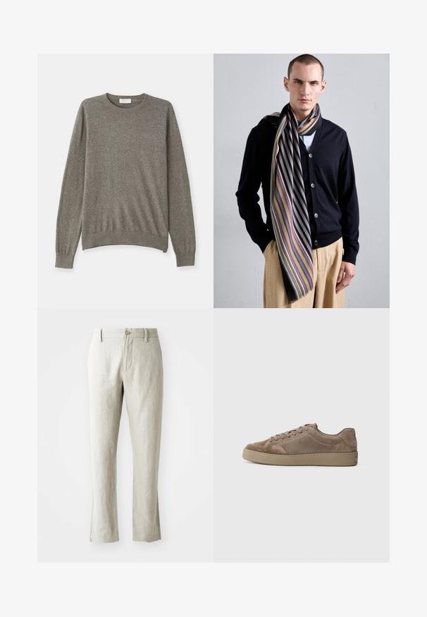 Pilka megzta palaidinė, pagaminta iš minkštos medžiagos, su apvaliu iškirpimu, ilgomis rankovėmis ir raukšlėtais rankogaliais bei apvadu. Turi paprastą, švarų dizainą.; Šviesiai smėlinės lino kelnės su tiesiu kirpimu, subtilia tekstūra, priekyje esančia mygtukų uždarymo sistema ir dviem šoniniais kišenėmis. Sukurtos švariam siluetui.; Rudų zomšinių žemų sportbačių su plokščiu guminiu padu, raištelių uždarymu ir siuvimo detalėmis nuotrauka, rodoma iš šono ant vientisos fono.; Juodas kardiganas su mygtukų užsegimu, derinamas su dryžuota skara, pasižyminčia ryškiomis spalvomis ir raštais, neoficialiai užmestas ant šviesios marškinėlių ir beigių kelnės.