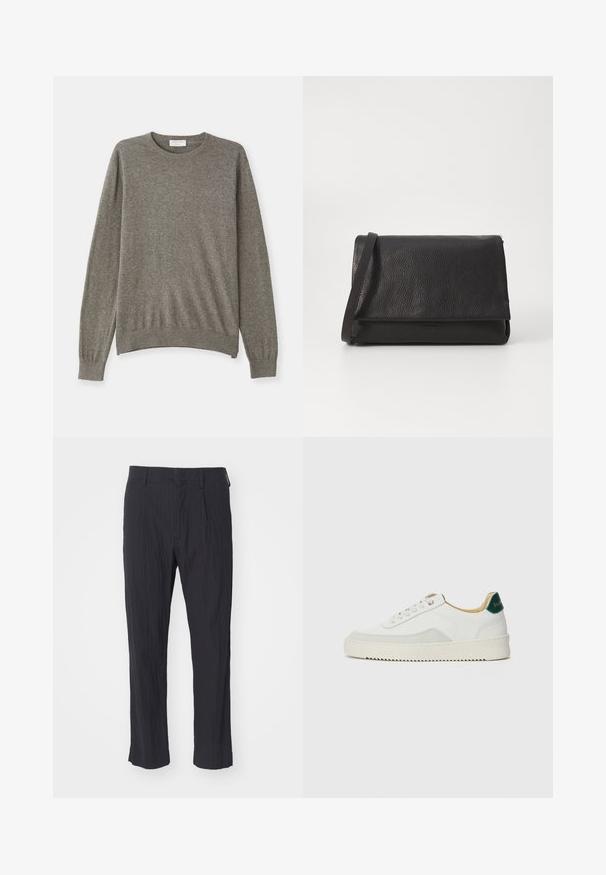 Halli hallja pehmesse kangas, ringkaelusega, pikkade varrukate ja soonikkudumitega. Omab lihtsat ja puhtalt disaini.; Mustad plisseeritud püksid tekstureeritud kangast, sirge säärega disain ja tavaline vöökoht. Nähtavaid taskuid või metallosadeta.; Valged tennisjalanõud, millel on sametised aktsendid, ümar varvas, lame nöörid ja kreemjas kummine põhja. Hästi nähtav roheline bränding kannal.; Must musträkk must nagi must kvaliteedist, millel on tekstureeritud välimus, kokkuvolditud klapp ja õhuke õlarihm, esitades minimalistlikku disaini ilma nähtava riistvarata.