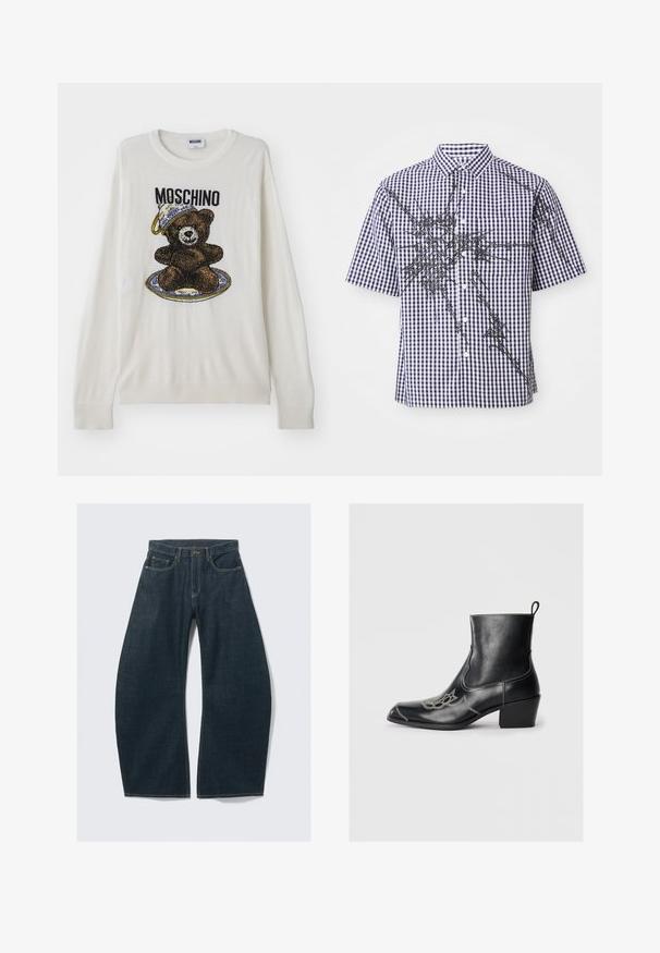 White knit sweater featuring a bear graphic with a hat and plate, black and brown detailing, and ribbed cuffs and hem. Moschino label visible.; Short-sleeve button-up shirt with navy and white gingham pattern and irregular black abstract graphic lines across front and sleeves.; Dark blue wide-leg jeans made from denim, featuring five pockets, visible stitching, a button closure, and a clean finish.; Black leather ankle boots with a square toe, decorative stitching, and a low block heel. Features a pull tab for easy wear.
