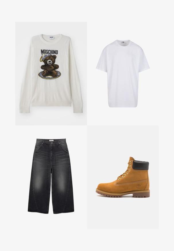 Weißer Strickpullover mit einem Bärenmotiv, der einen Hut und einen Teller trägt, mit schwarzen und braunen Details sowie gerippten Bündchen und Saum. Moschino-Etikett sichtbar.; Weiße Baumwoll-T-Shirt mit kurzen Ärmeln, rundem Ausschnitt, lockerer Passform und ohne sichtbare Logos oder Muster. Glatte Textur und minimalistisches Design.; PULL&BEAR MEGA BAGGY - Baggy Jeans - black; Beige Wildleder-Ankle-Boot mit schwarzem gepolstertem Kragen, goldenen Metallösen, weißen Nähdetalben und einer robusten Gummisohle mit ausgeprägtem Profil.