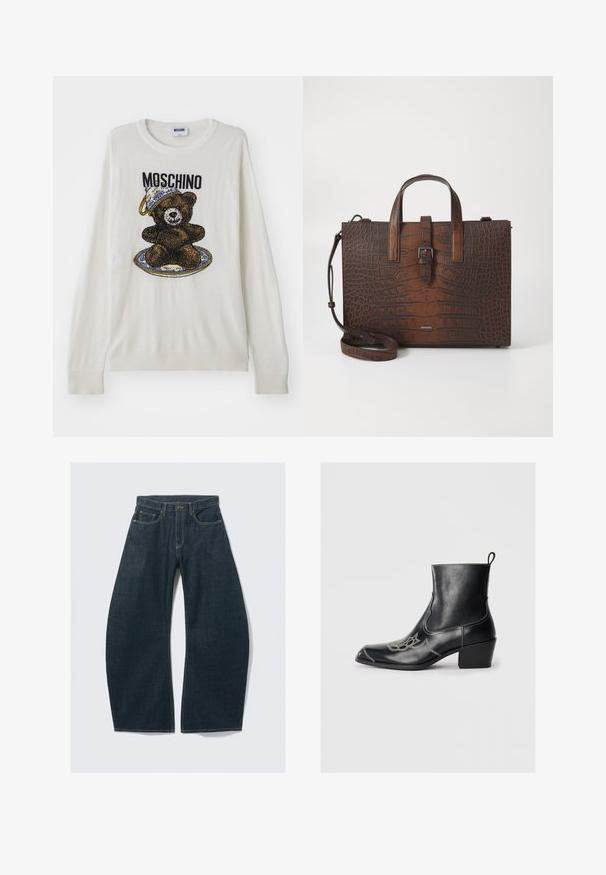 Weißer Strickpullover mit einem Bärenmotiv, der einen Hut und einen Teller trägt, mit schwarzen und braunen Details sowie gerippten Bündchen und Saum. Moschino-Etikett sichtbar.; Dunkelblaue Jeans mit weitem Bein aus Denim, mit fünf Taschen, sichtbaren Nähten, Knopfverschluss und sauberem Finish.; Schwarze Lederstiefeletten mit quadratischer Zehenform, dekorativen Nähten und einem niedrigen Blockabsatz. Mit einer Schlaufe zum einfachen Anziehen.; Braune Handtasche aus geprägtem Leder mit Ktopfhörern und einem abnehmbaren Schultergurt. Verfügt über einen Schnappverschluss und hat eine rechteckige Form.