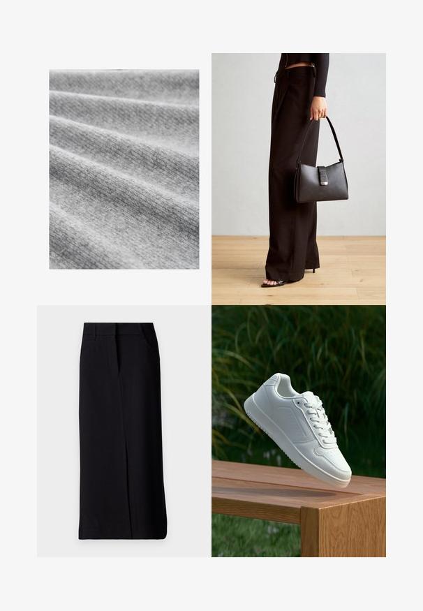 Helehall kangas peene tekstuuriga, mis sisaldab õrnu voldikuid ja kergelt triibulist mustrit, kujutades hubast ja sooja välimust.; Must muströöp, mis on valmistatud sileda tekstuuriga kangast. Esiküljel on lõhik ja kaks küljetaskut. Klassikaline disain, millel on sobiv vöökoht.; Valged sneakerd, millel on sile sünteetiline ülemine osa, väikeste aukudega varvaskast, lamedad paelad ja tekstuuriga tald, eksponeeritud puidust pinnal.; Must musta kott, millel on struktureeritud kuju, sile tekstuur ja metallist klamber. Kombineeritud laiate mustade pükstega ja avatud varvaste sandaalidega puidust põrandal.