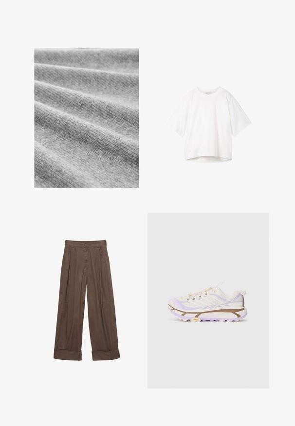 Tessuto grigio chiaro con una trama fine, caratterizzato da pieghe morbide e un motivo leggermente melangiato, che illustra un aspetto accogliente e caldo.; T-shirt bianco a maniche corte con scollo rotondo, vestibilità comoda e orlo leggermente curvo. Realizzato in un tessuto liscio e morbido con cuciture minime.; Pantaloni larghi marroni in cotone, con chiusura a bottone, motivo plissè frontale e orli arrotolati per una vestibilità rilassata.; Scarpe da corsa leggere con una tomaia in rete color crema e lavanda, suola in gomma rinforzata e scanalature distintive per una migliore trazione.