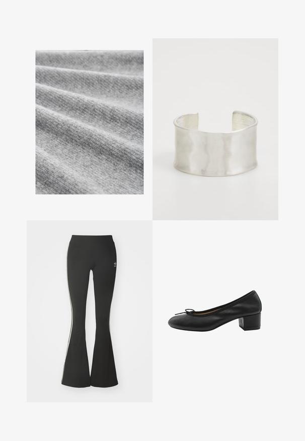 Lichtgrijze stof met een fijne textuur, met zachte plooien en een licht gemêleerd patroon, die een gezellige en warme uitstraling biedt.; Witte kortemouwenshirt met grote zwarte stippen, v-hals, en logodetail op de borst, gemaakt van een zachte, rekbare stof.; Zwarte flared leggings van rekbare stof, voorzien van een hoge tailleband en witte zijstrepen. Inclusief klein logo op de taille.; Zwarte leren pump met een ronde neus, klein strikje aan de voorkant en een vierkante blokhak. Gladde textuur met minimale ontwerpaccenten.; Zign Armband - silver-coloured
