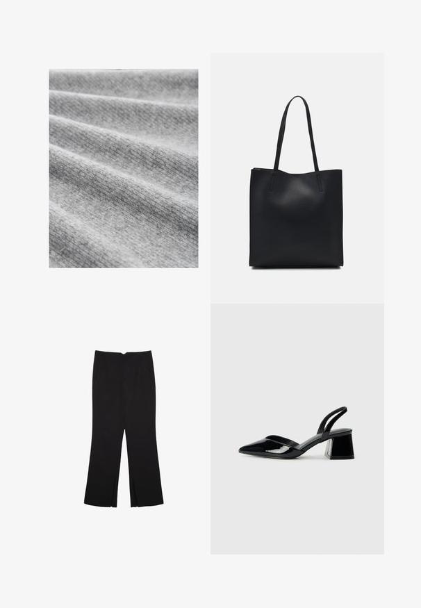 Tessuto grigio chiaro con una trama fine, caratterizzato da pieghe morbide e un motivo leggermente melangiato, che illustra un aspetto accogliente e caldo.; Pantaloni neri a gamba dritta, con tasche frontali e spacchi laterali all'orlo. Realizzati in tessuto morbido e liscio. Adatti a diverse occasioni.; Décolleté in vernice nera con punta affusolata e tacco in geometria cubica. Presentano un design elegante e minimalista, con una texture liscia.; Borsa tote in pelle nera con texture liscia, forma rettangolare e due manici lunghi. Nessun hardware o decorazione visibile.