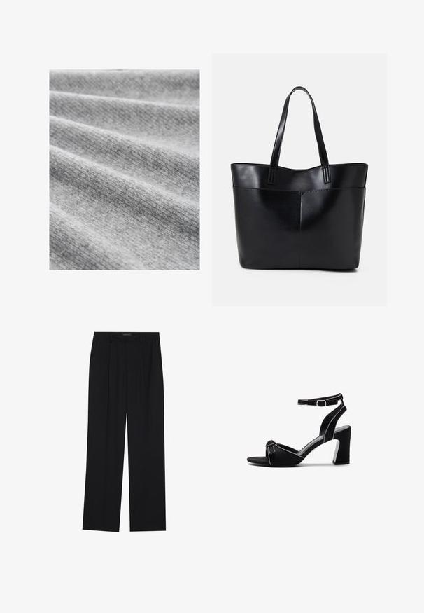 Tessuto grigio chiaro con una trama fine, caratterizzato da pieghe morbide e un motivo leggermente melangiato, che illustra un aspetto accogliente e caldo.; Pantaloni neri con un design a gamba dritta, dotati di due tasche frontali e di una vita. Realizzati in un tessuto morbido e leggero.; Sandali con tacco in suede nero, dotati di un ampio tacco a blocco, fascia alla caviglia regolabile, design con punta aperta e dettagli a contrasto cuciti.; Borsa a tracolla in pelle nera con due manici lunghi, una texture liscia e una forma strutturata. Presenta una tasca frontale per ulteriore spazio di archiviazione.