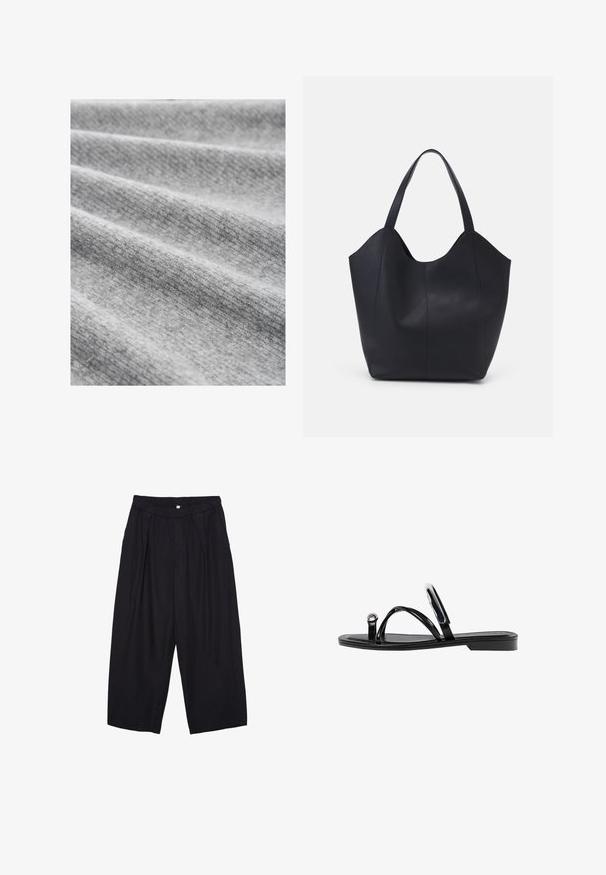 Jasnoszara tkanina o delikatnej fakturze, z miękkimi fałdami i lekko melanżowym wzorem, przedstawiająca przytulny i ciepły wygląd.; Czarne spodnie culotte z poliestru z elastycznym pasem, dwoma fałdami z przodu i luźnym krojem. Brak widocznych wzorów lub elementów metalowych.; Czarne płaskie sandały o błyszczącym wykończeniu, z trzema cienkimi paskami i okrąłym detalem metalowym na palcach. Smukły design z minimalnym obcasem.; Czarna torba na ramię wykonana z gładkiej skóry, z zaokrąglonym, otwartym topem i dwoma paskami na ramię oraz minimalistycznym designem.