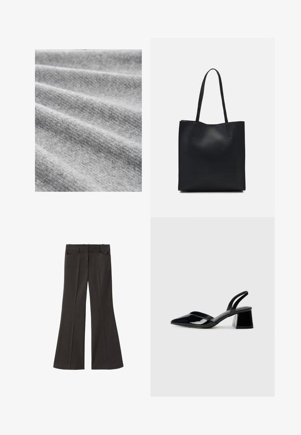 Lichtgrijze stof met een fijne textuur, met zachte plooien en een licht gemêleerd patroon, die een gezellige en warme uitstraling biedt.; Zwarte flared broek met een hoge taille; beschikt over twee voorkeurszakken en een gladde stoftextuur. Geschikt voor verschillende gelegenheden.; Zwarte gepatineerde leren slingback hakken met een spitse neus en een geometrische blokhak. Kenmerkt zich door een slank, minimalistisch ontwerp en een gladde textuur.; Zwarte leren handtas met een gladde textuur, rechthoekige vorm en twee lange handvaten. Geen zichtbare hardware of versieringen.