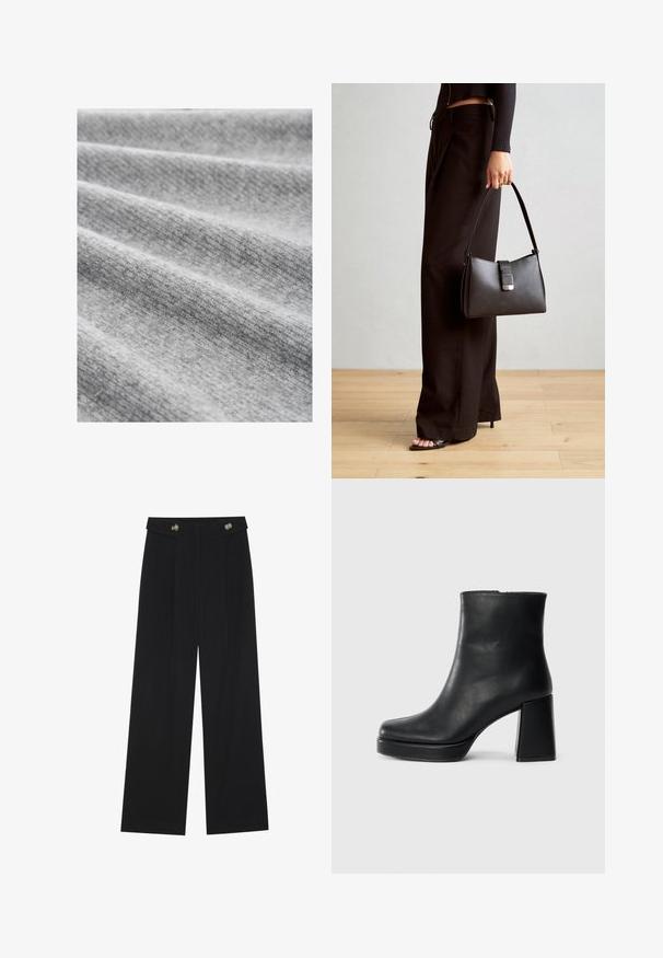 Šviesiai pilka medžiaga su smulkia tekstūra, kurioje yra minkštos raukšlės ir šiek tiek margas raštas, vaizduojantis jaukumą ir šilumą.; Juodi plačios kojos kelnės su aukštu liemeniu, sagų detalėmis ant liemens ir priekinėmis raukšlėmis.; Juodas odinis kulkšninis botas su bloku ir platformos padu, matomas šoniniu vaizdu ant balto fono.; Juodas rankinė struktūrizuota forma, lygi tekstūra ir metalinis užsegimas. Suporuota su plačiomis juodomis kelnėmis ir atvirais bateliais ant medinių grindų.