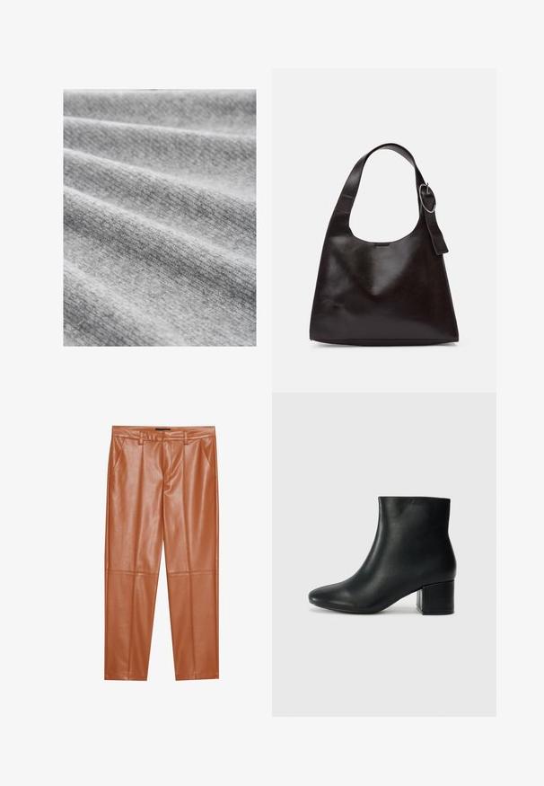 Šviesiai pilka medžiaga su smulkia tekstūra, kurioje yra minkštos raukšlės ir šiek tiek margas raštas, vaizduojantis jaukumą ir šilumą.; Rudos dirbtinės odos kelnės su pritaikytu siluetu, su priekinių klosčių ir tiesiomis kojomis. Sklandus paviršius be matomų metalinių detalių ar akcentų.; Juodos odinės aulinės botai su smailiu priekiniu pirštu ir storu kulnu. Lygus tekstūra su minimaliomis detalėmis ir elegantišku, tvirtai priglundančiu dizainu.; Ruda odinė petinė kuprinė su lygiu paviršiumi, apvalia forma, plačia juosta ir apvaliu metaliniu akcentu ant rankenos.