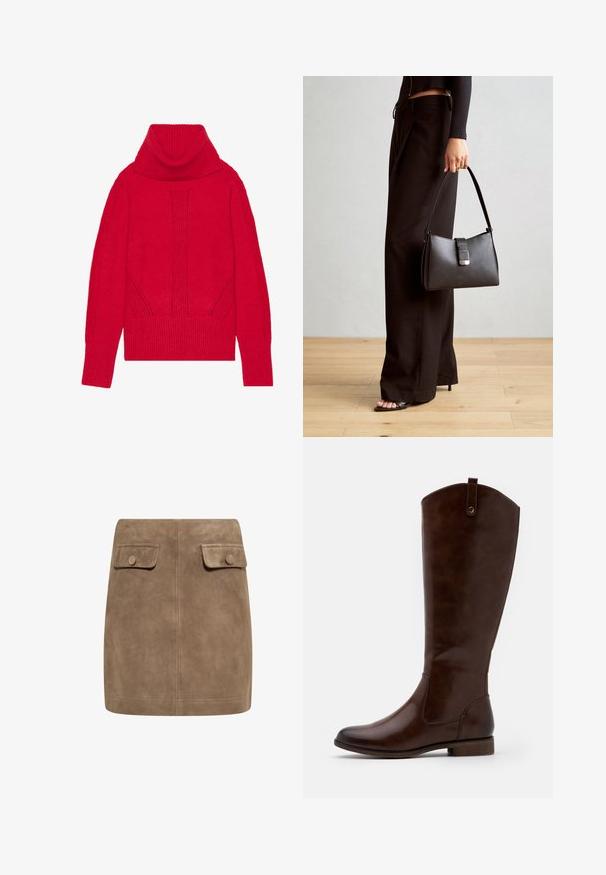 Roter gestrickter Rollkragenpullover mit einem gerippten Muster, vertikalen Details und breiten gerippten Bündchen sowie Saum. Weicher, dicker Stoff.; Brauner Wildleder-Minirock mit glatter Textur, ausgestattet mit zwei vorderen Klappentaschen und Druckknopfverschlüssen an beiden Seiten. Schlichtes, gerades Design.; Braune kniehohe Stiefel aus glattem Leder, mit runder Zehenform, niedrigem Blockabsatz und einem dezente Stichmuster an den Seiten.; Schwarze Handtasche mit strukturierter Form, glatter Textur und einem metallischen Verschluss. Kombiniert mit weiten schwarzen Hosen und offenen Sandalen auf einem Holzboden.