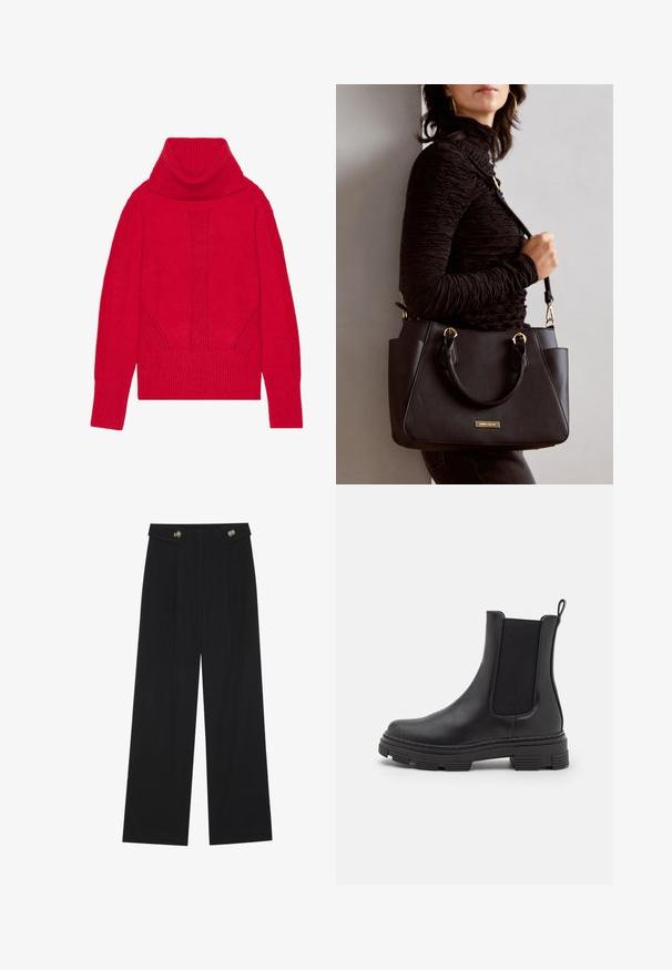 Roter gestrickter Rollkragenpullover mit einem gerippten Muster, vertikalen Details und breiten gerippten Bündchen sowie Saum. Weicher, dicker Stoff.; Gestreiftes Langarmoberteil in Marineblau und Weiß mit einem Bootsausschnitt und goldfarbenen Knopfdetails an den hochgekrempelten Ärmeln. Weicher Stoff, entspannter Schnitt.; Schwarze weite Hosen mit hoher Taille, Knopfdetails am Bund und vorderen Falten.; Schwarze Leder-Ankle-Boots mit elastischen Seitenpaneelen, runder Spitze und texturierten Gummisohlen. Verfügt über eine Schlaufe an der Rückseite für ein einfaches Anziehen.; Schwarze Handtasche mit strukturierten Oberflächen, doppelten Obergriffen und verstellbarem Schultergurt. Mit goldfarbener Hardware und Seitentaschen.