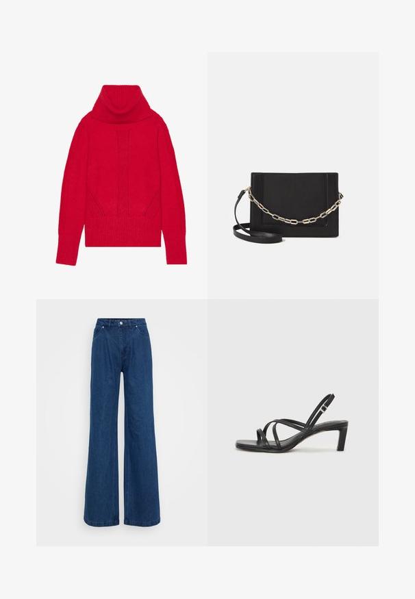 Rød strikket høyhalset genser med ribbestruktur, vertikale detaljer og brede ribbestrikkede mansjetter og nederkant. Myk, tykk stoff.; Bredde ben jeans i blå denim med høy midje, frontlås med knapp og glidelås, samt front- og baklommer mot en ensfarget bakgrunn.; Sorte sandaler med stropper, firkantet tå og lav blokk hæl. Har flere tynne stropper og en justerbar ankelstropp. Laget av glatt lær.; Svart lær crossbody-veske med glatt tekstur, rektangulær form og metallkjede detaljer på framsiden. Justerbar stroppe inkludert.; Sølv ring med dobbelt bånd og en glatt, polert overflate. Har et flytende, buet design med overlappende seksjoner for et moderne utseende.