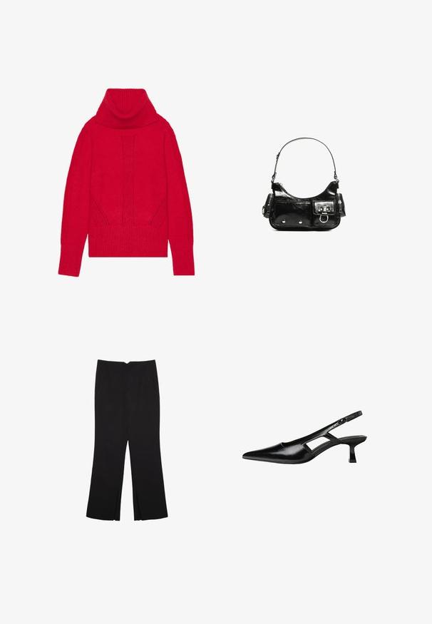 Rode gebreide coltrui met een geribbelde textuur, verticale details en brede ribbels aan de mouwen en de onderkant. Zacht, dik materiaal.; Zwarte broek met een rechte pasvorm, voorzien van zijzakken en plooien aan de onderzijde. Gemaakt van zachte, gladde stof. Geschikt voor verschillende gelegenheden.; Zwarte gepatineerde leren slingback hakken met een puntige neus, uitsparing aan de zijkant en een kleine vierkante hak. Gladde textuur met minimale accenten.; Zwarte laarzen in lakleer met een gebogen vorm, één schouderband, voorvakken en accenten in zilverkleurig metaal.