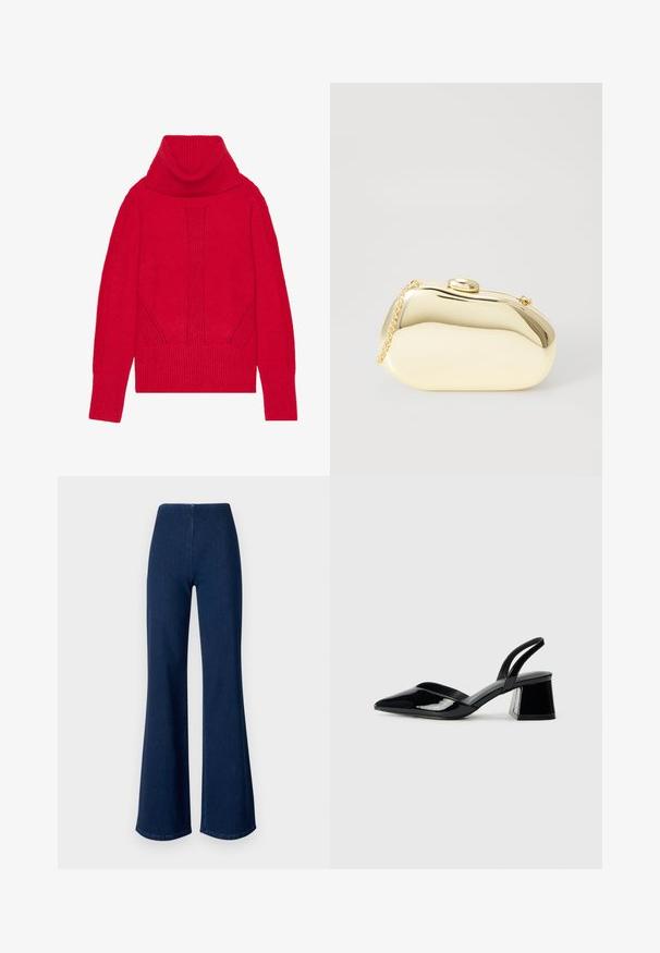 Maglione a collo alto lavorato a maglia rossa caratterizzato da una texture a coste, dettagli verticali e ampie maniche e orlo a coste. Tessuto morbido e spesso.; Jeans a zampa d'elefante di colore blu scuro realizzati in denim con un cinturino elastico. Presentano una texture liscia e un design a gamba larga che si estende fino all'orlo.; Décolleté in vernice nera con punta affusolata e tacco in geometria cubica. Presentano un design elegante e minimalista, con una texture liscia.; Clutch metallico oro con una forma liscia e arrotondata, dotato di una chiusura a pulsante superiore e una piccola tracolla per il trasporto.; Orecchino in metallo color oro con un design elegante e curvo. Presenta una forma appuntita distintiva, superficie lucida e chiusura a cerniera.