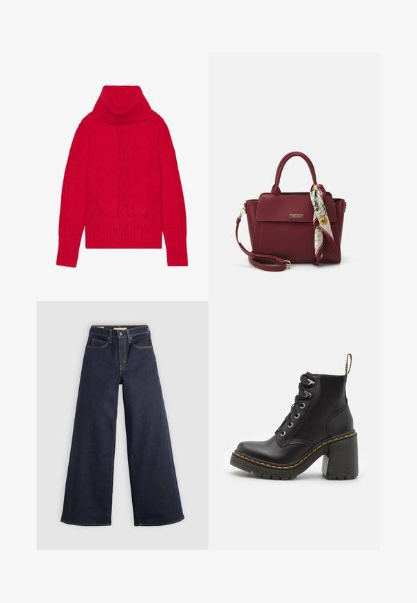 Raudona megzta golfas su briaunuota tekstūra, vertikaliu dekoru ir plačiais briaunotais rankogaliais bei apačia. Minkšta, storesnė medžiaga.; Tamsiai mėlynos pločio kojos džinsai su kontrastingomis siūlėmis. Yra tradicinis penkių kišenių dizainas ir mygtuko užsegimas liemenyje.; Juodos odinės kulkšninių botų su masyviu aukštu kulnu, raištelių uždarymu, metaliniais akies ir geltonais siūlais aplink pado kraštą. Grubus gumos padas.; Bordo rankinė, pagaminta iš sintetinių medžiagų, su struktūrizuotu dizainu, turinti nuimamą dirželį ir gėlių raštą turinčią skarą, pririštą prie rankenos.