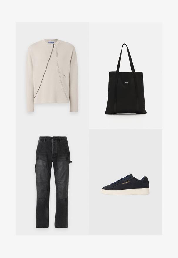 Bežs adīts džemperis ar apaļu kaklu, ar melnu diagonālu šuvju detaļu un izšūtu logo uz apakšmalas. Mīksts, teksturēts audums.; Melna džinsu bikses ar kontrastējošiem melniem ādas paneļiem, taisna kāju dizains un smalki nolietotas detaļas audumā.; Navy zila zamšas zema augstuma kedas ar baltu zoli, navy krāsas auklām un "Filling Pieces" logo zeltā sānos.; Melnajā somā, kas izgatavota no izturīga auduma, ir divi gari siksnas, taisnstūra forma un uz priekšpuses ir zīmola etiķete.